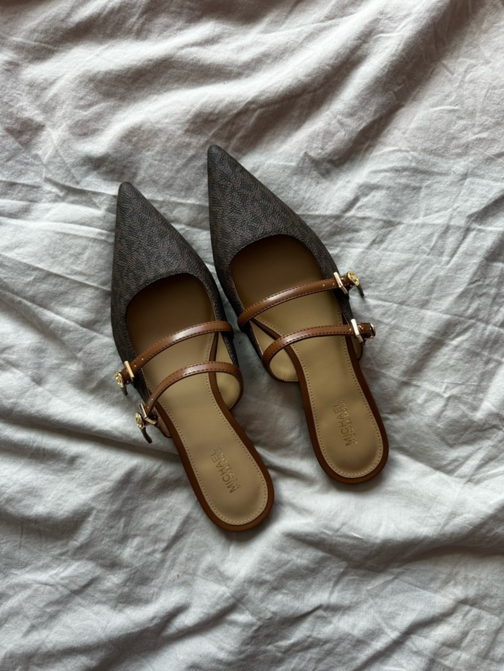Michael Kors MK Monogram Mary Jane Mule Flats Brown Logo Pointed Toe Slide 7